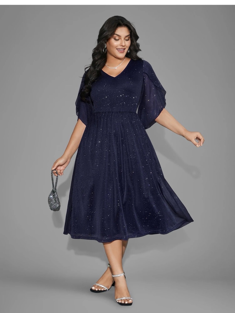 NWT Bloomchic Glitter Mesh Petal Sleeve Midi Dress